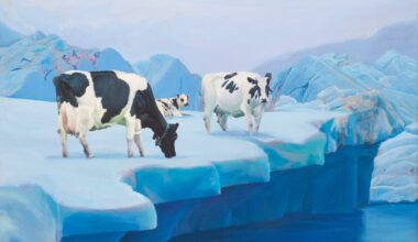 a painting by Murmure of cows grazing on an iceberg