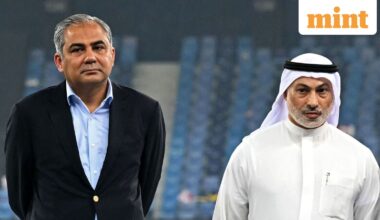 Asian Cricket Council (ACC) and Pakistan Cricket Board (PCB) chairman Mohsin Naqvi (L) stands along with Emirates Cricket Board Vice Chairman Khalid Al Zarooni at the end of the Asia Cup 2025 Twenty20 international cricket final match between India and Pakistan at the Dubai International Stadium in Dubai on September 28, 2025. (Photo by Sajjad HUSSAIN / AFP)