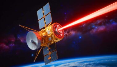 Illustration of NASA's Psyche spacecraft transmitting an infrared laser message back to Earth.