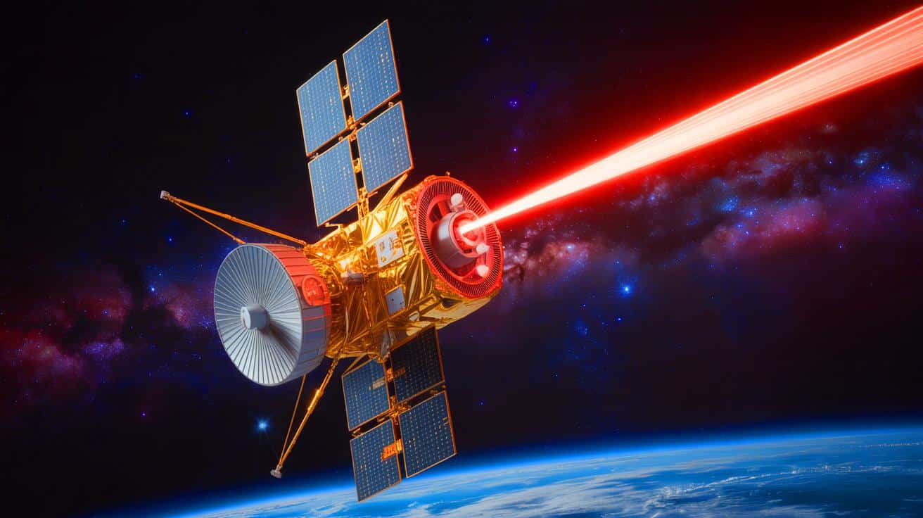 Illustration of NASA's Psyche spacecraft transmitting an infrared laser message back to Earth.