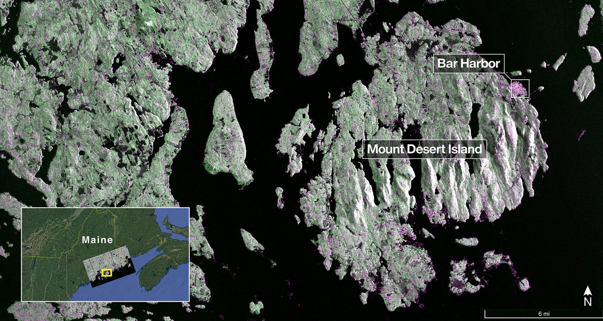 Captured on Aug. 21, this image from NISAR’s L-band radar shows Maine’s Mount Desert Island. Green indicates forest; magenta represents hard or regular surfaces, like bare ground and buildings. The magenta area on the island’s northeast end is the town of Bar Harbor.