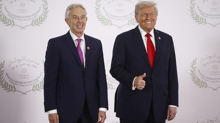 President Donald Trump and British former prime minister Tony Blair pose at the Gaza Peace Summit in Sharm el-Sheikh, Egypt, Monday, Oct.13 2025