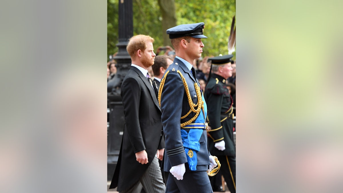 Prince William standing side-by-side looking somber outdoors.