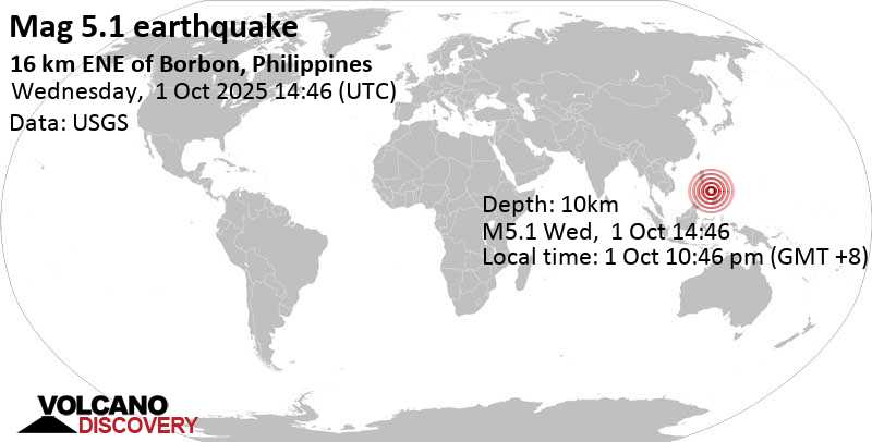 5.1 quake Province of Cebu, 49 km west of Ormoc, Philippines, Oct 1, 2025 10:46 pm (Manila time)
