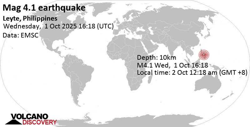 4.1 quake 17 km northeast of Bogo, Province of Cebu, Central Visayas, Philippines, Oct 2, 2025 12:18 am (Manila time)