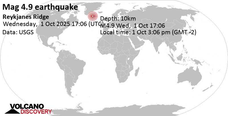 4.9 quake North Atlantic Ocean, Greenland, Oct 1, 2025 03:06 pm (GMT -2)