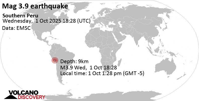 3.9 quake 86 km northwest of Arequipa, Arequipa, Peru, Oct 1, 2025 01:28 pm (Lima time)