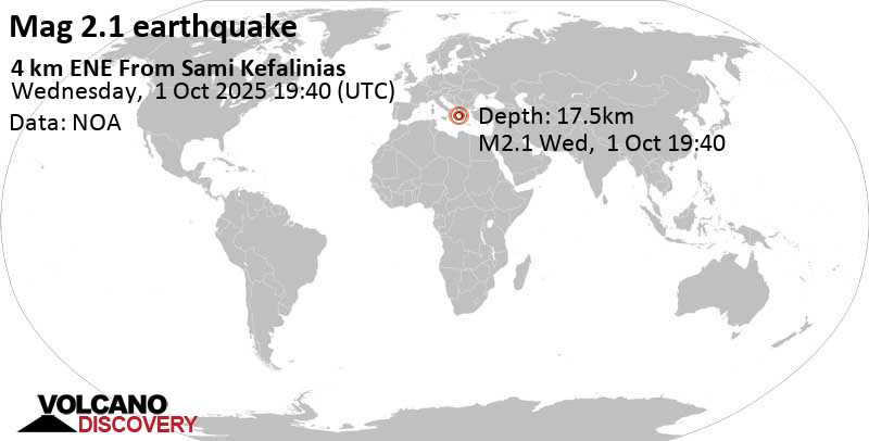2.1 quake Ionian Sea, 9.4 km east of Kefalonia Island, Greece, Oct 1, 2025 09:40 pm (Athens time)