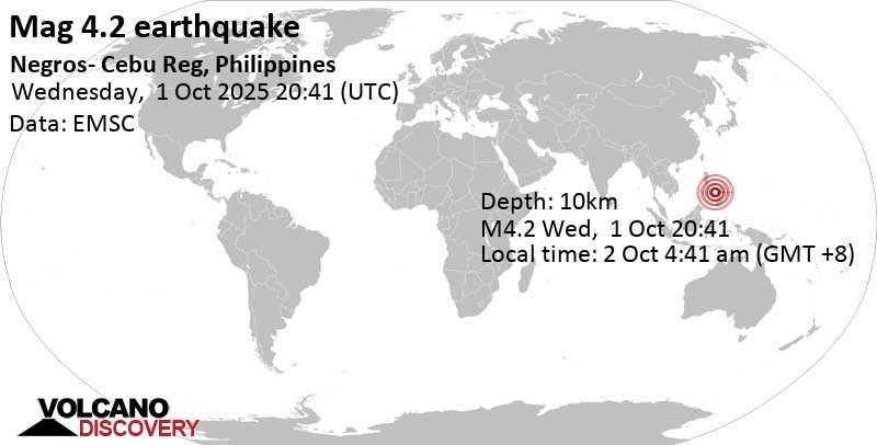 4.2 quake 19 km southwest of Bogo, Province of Cebu, Central Visayas, Philippines, Oct 2, 2025 04:41 am (Manila time)