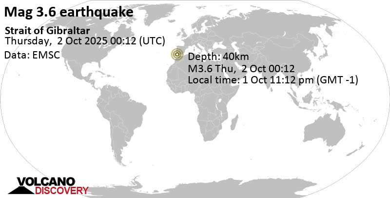 3.6 quake North Atlantic Ocean, 59 km southeast of Faro, Distrito de Faro, Portugal, Oct 1, 2025 11:12 pm (GMT -1)