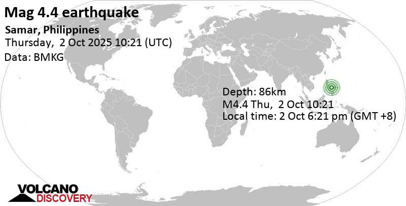 4.4 quake Philippine Sea, 3 km northeast of Calbayog City, Philippines, Oct 2, 2025 06:21 pm (Manila time)