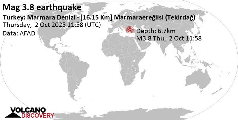 3.8 quake Balikesir, 116 km northeast of Gelibolu, Canakkale, Turkey, Oct 2, 2025 02:58 pm (Istanbul time)