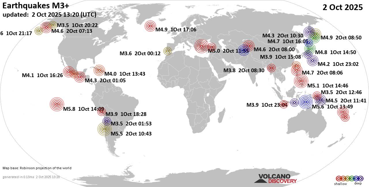 Worldwide earthquakes above magnitude 3 during the past 24 hours on  2 Oct 2025