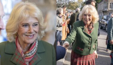 Queen Camilla wears green and red tartan for the 150th anniversary of The Albert Hall in Aberdeenshire on Oct. 9, 2025 in Ballater, Scotland.