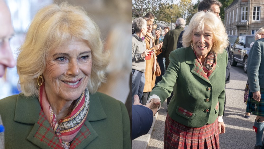 Queen Camilla wears green and red tartan for the 150th anniversary of The Albert Hall in Aberdeenshire on Oct. 9, 2025 in Ballater, Scotland.