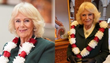 Queen Camilla wears a Roy Allen ensemble and brooch by Wartski at BAPS Shri Swaminarayan Mandir (known as the 'Neasden Temple') on Oct. 29, 2025 in London.
