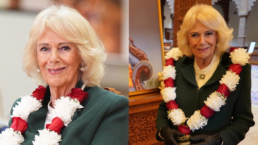 Queen Camilla wears a Roy Allen ensemble and brooch by Wartski at BAPS Shri Swaminarayan Mandir (known as the 'Neasden Temple') on Oct. 29, 2025 in London.