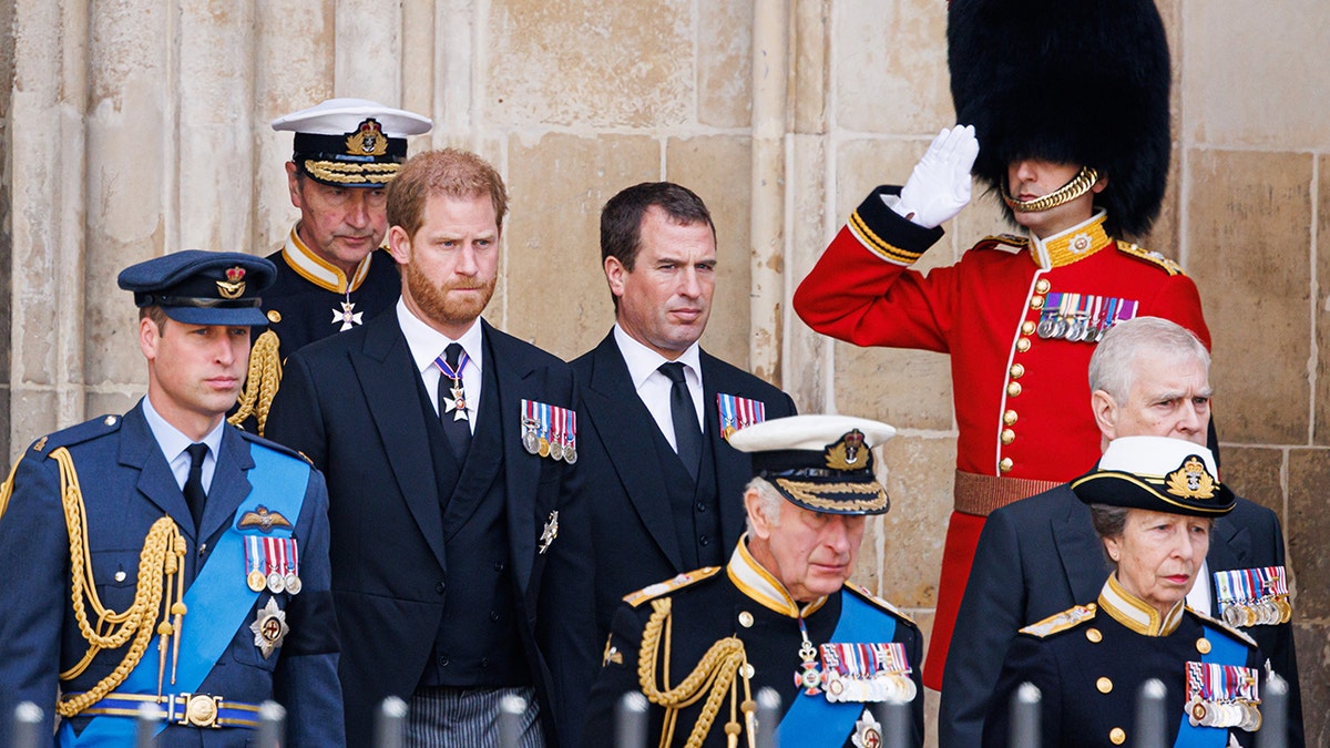 The royal family looking somber while in uniform except for Prince Harry.