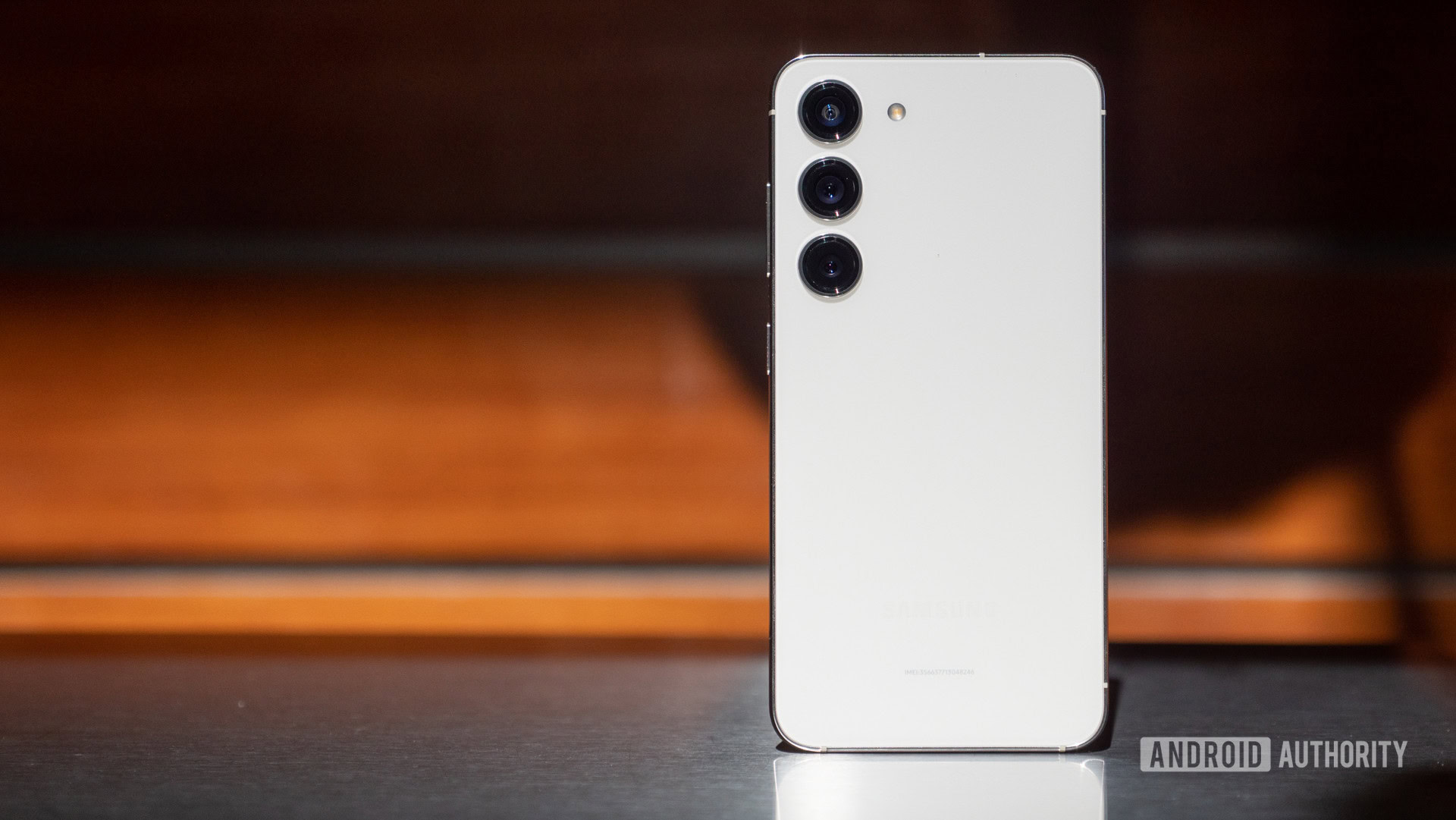 A Samsung Galaxy S23 standing on end.