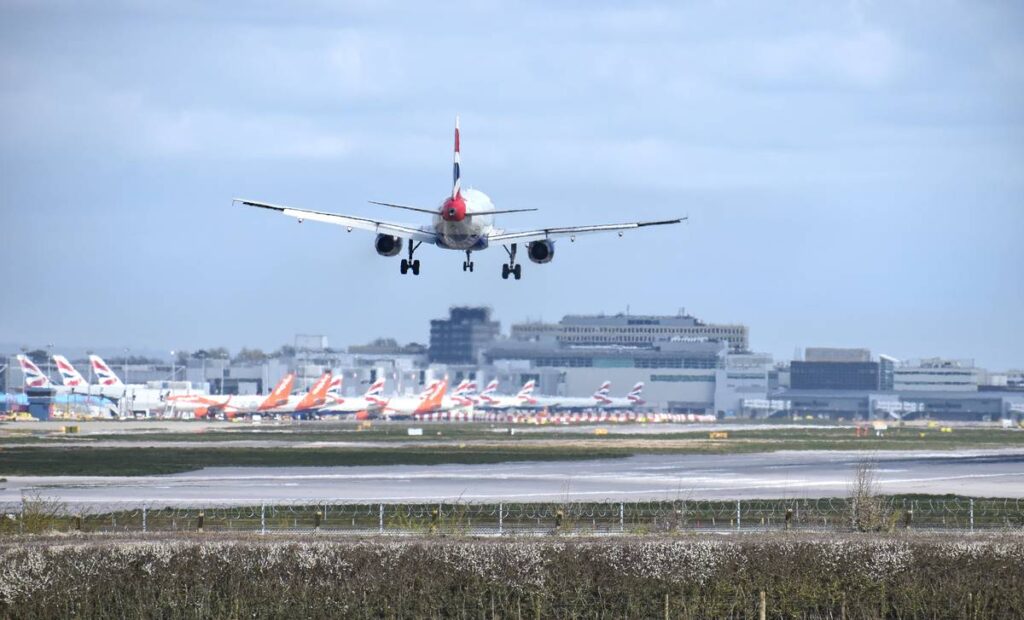 An airplane landing at Gatwick Airport