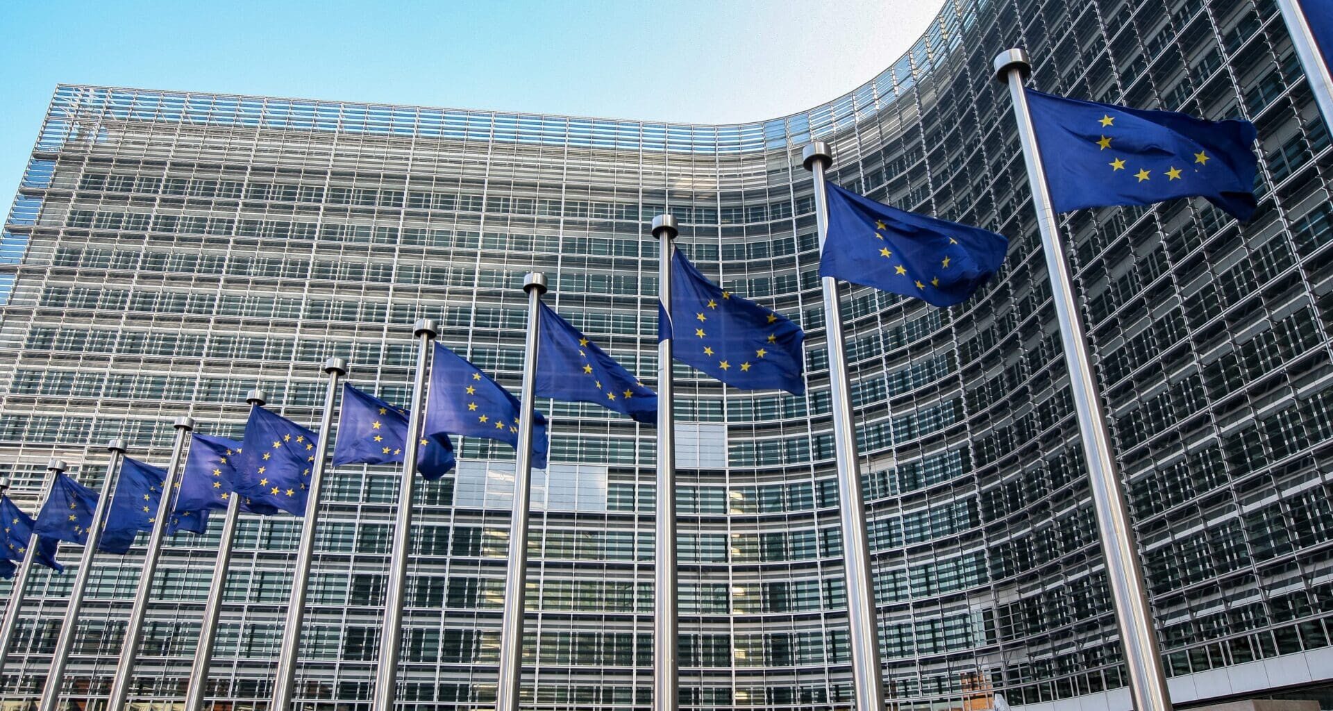 European flags on the background of the European Parliament.