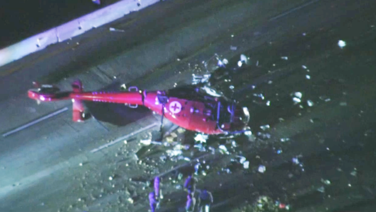 The helicopter could be seen lying on its side after the crash. Pic: NBC 