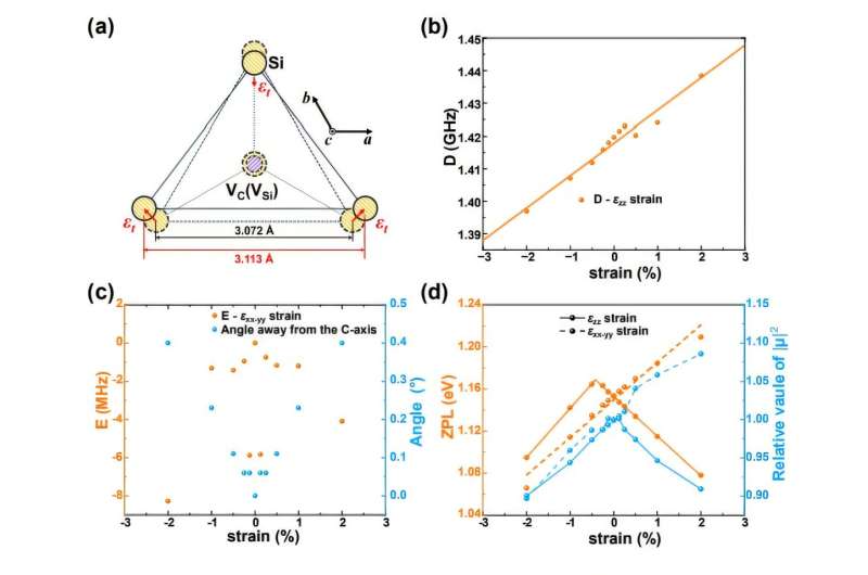 (a) Schematic diagram of the change of hh-divacancy due to the transverse strain εt of (xx−yy). The c-axis is perpendicular to the paper and extends outward. All yellow (purple) striped filled spheres represent Si (C) atoms. The dotted (solid) outline indicates the absence (presence) of strain. The black and red number with a unit of Angstrom shows the distance between the two Si atoms neighboring the divacancy before and after applying the 1% tensile transverse strain. (b) Calculated D parameters under longitudinal strains. (c) Calculated E parameters (orange) and the angle away from the c-axis (blue) under transverse strains. (d) Calculated ZPL values (orange) and relative values of |µ|2 (blue) under both longitudinal and transverse strains. Credit: Haibo Hu et al Strain is an effective control parameter to enhance spin readout in quantum technologies, study shows