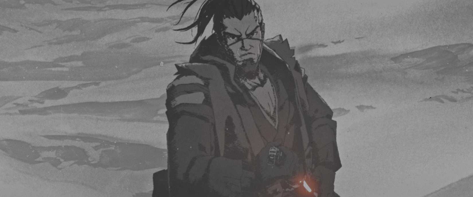Ronin, a severe-looking man in ragged clothes, rendered in grayscale, in Star Wars Visions season 3 episode 1