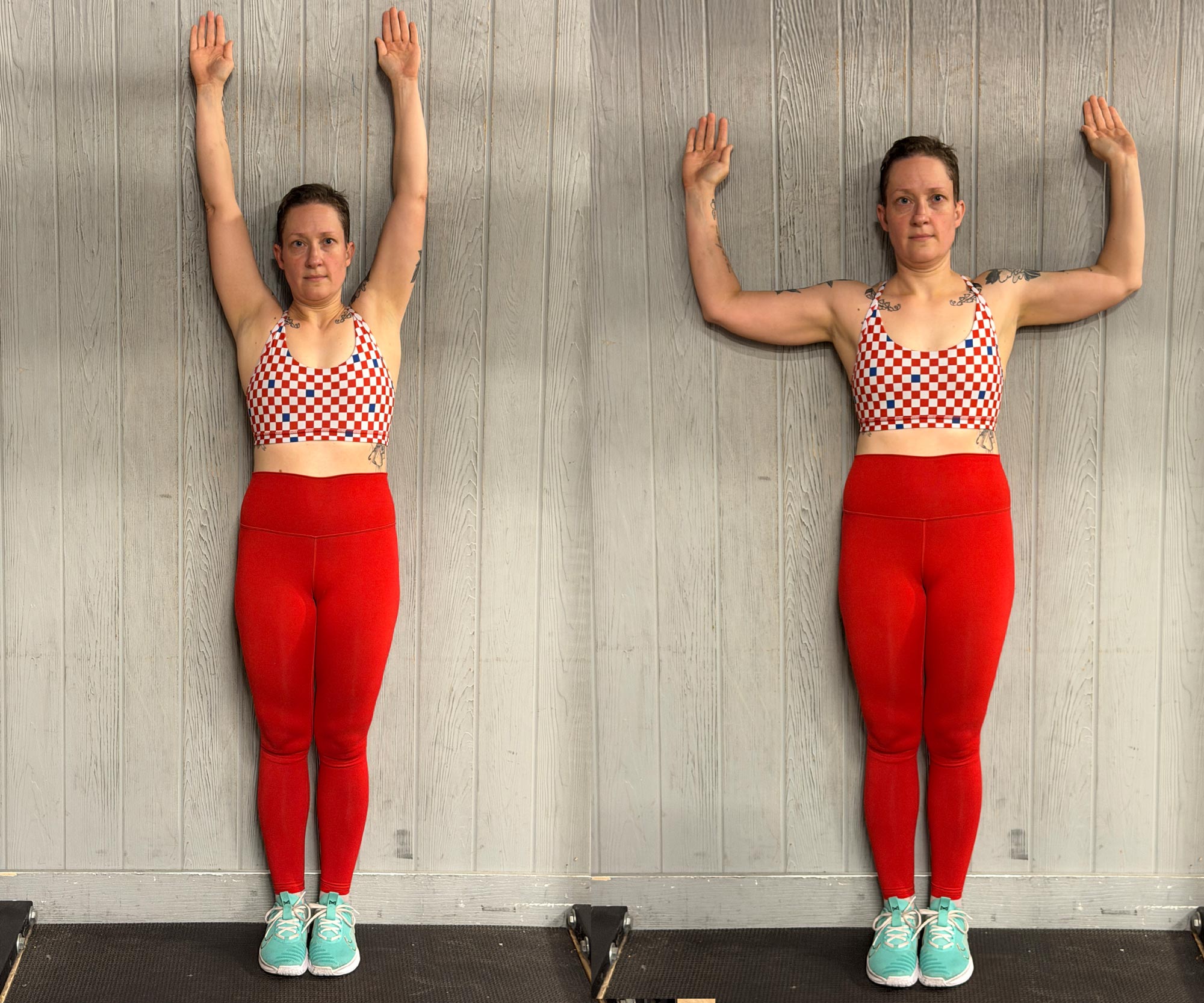 A woman doing wall angels on a plain wall