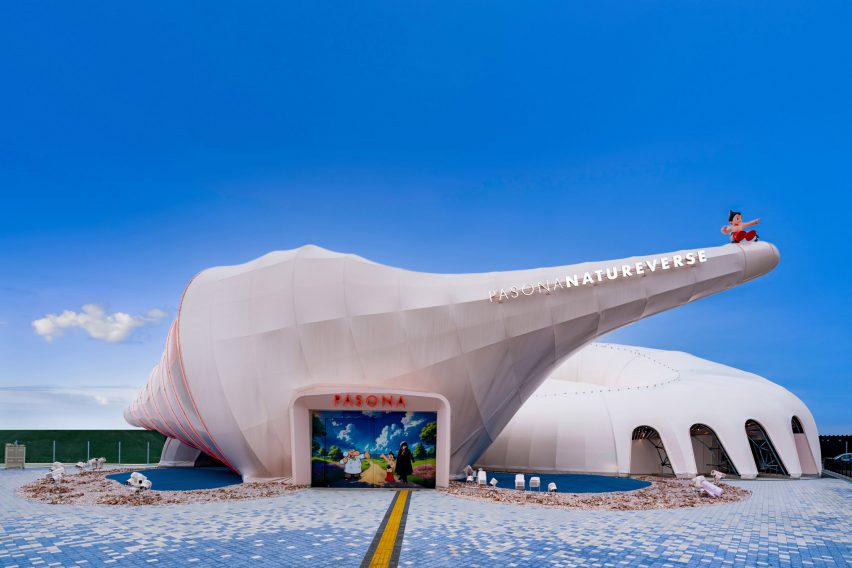 View towards entrance of the Pasona Natureverse Pavilion by The Design Labo