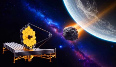 Illustration of the James Webb Space Telescope observing a high-speed asteroid potentially colliding with the Moon.