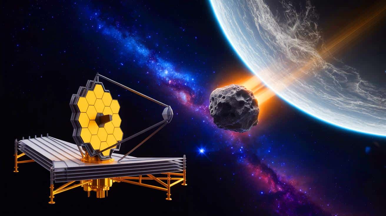 Illustration of the James Webb Space Telescope observing a high-speed asteroid potentially colliding with the Moon.