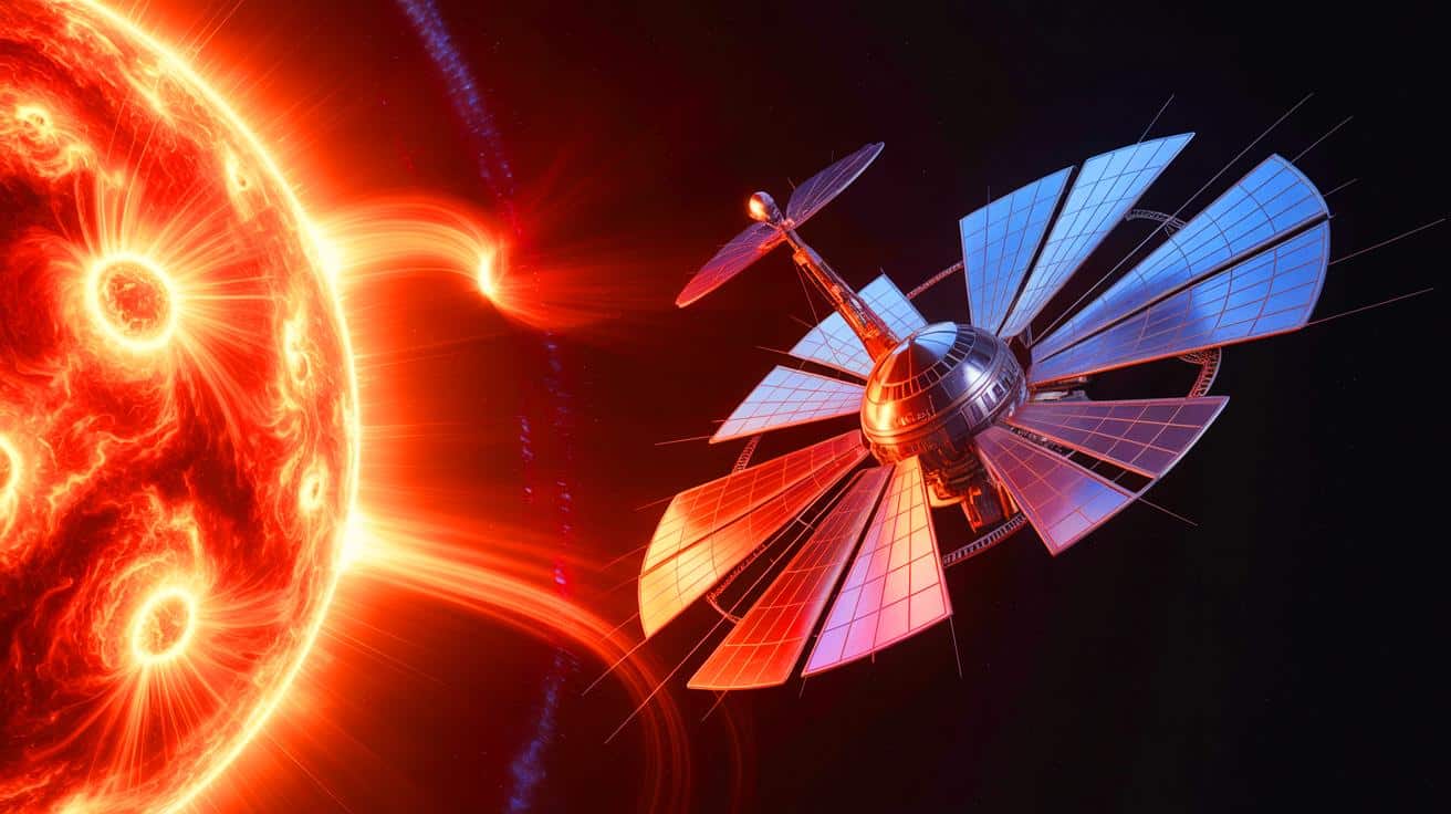Illustration of NASA's Solar Cruiser spacecraft navigating space weather phenomena.
