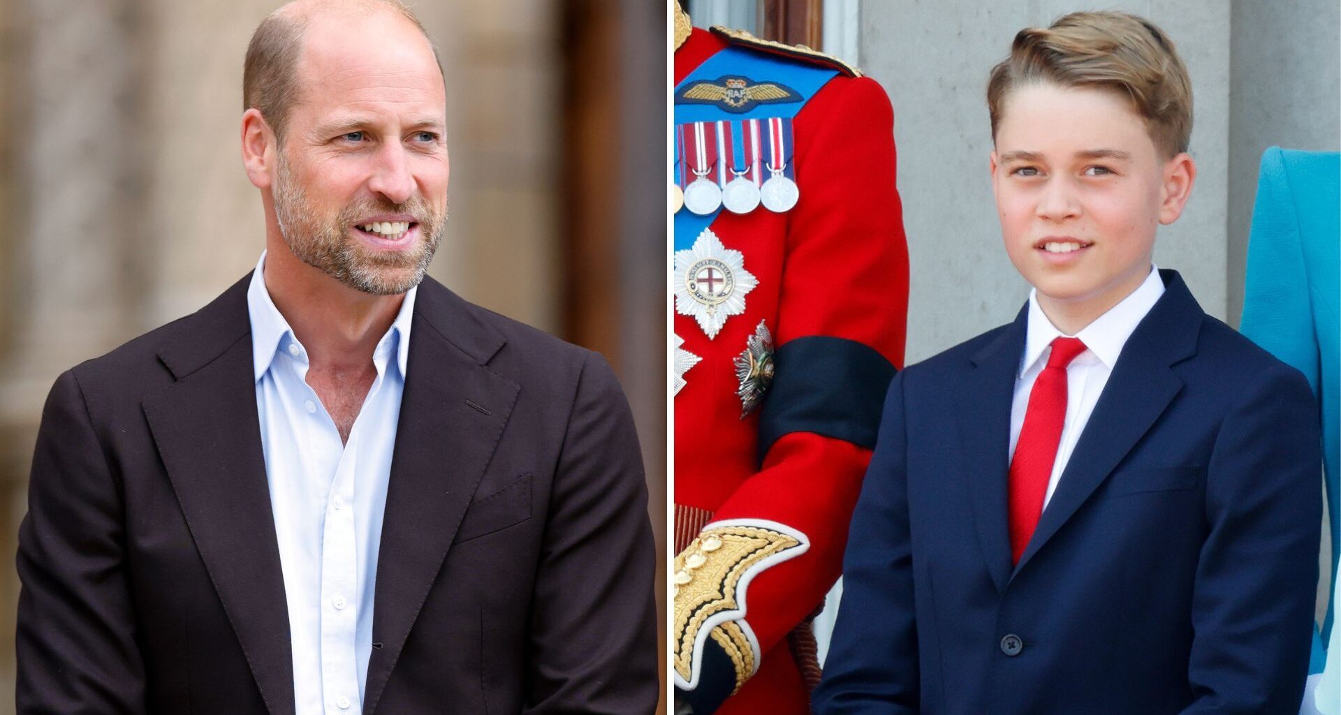 A composite of a picture of Prince William at the Natural History Museum in 2025 and a picture of Prince George at Trooping the Colour 2025