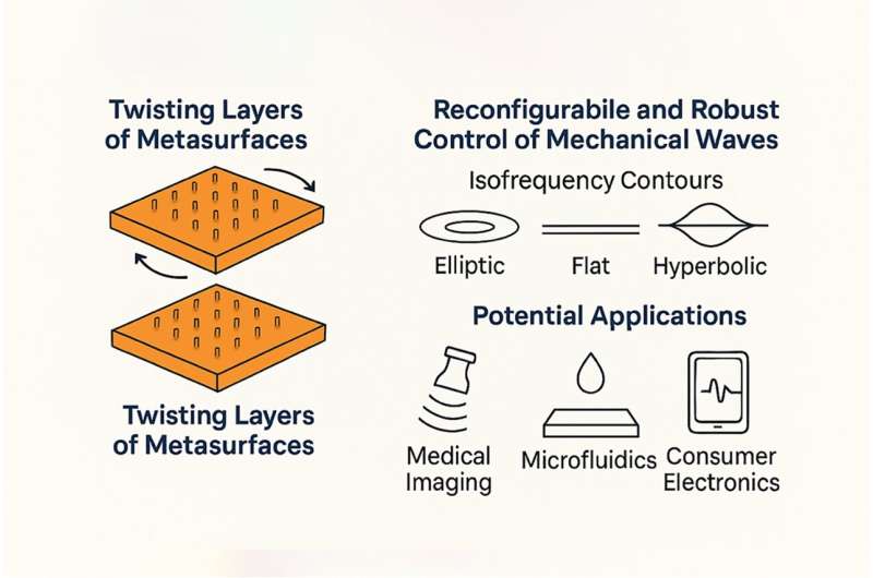 Researchers use twisted surfaces to manipulate mechanical waves, enabling new technologies for imaging, electronics and sensors. Credit: Andrea Alù Twisting sound: Scientists discover a new way to control mechanical vibrations in metamaterial