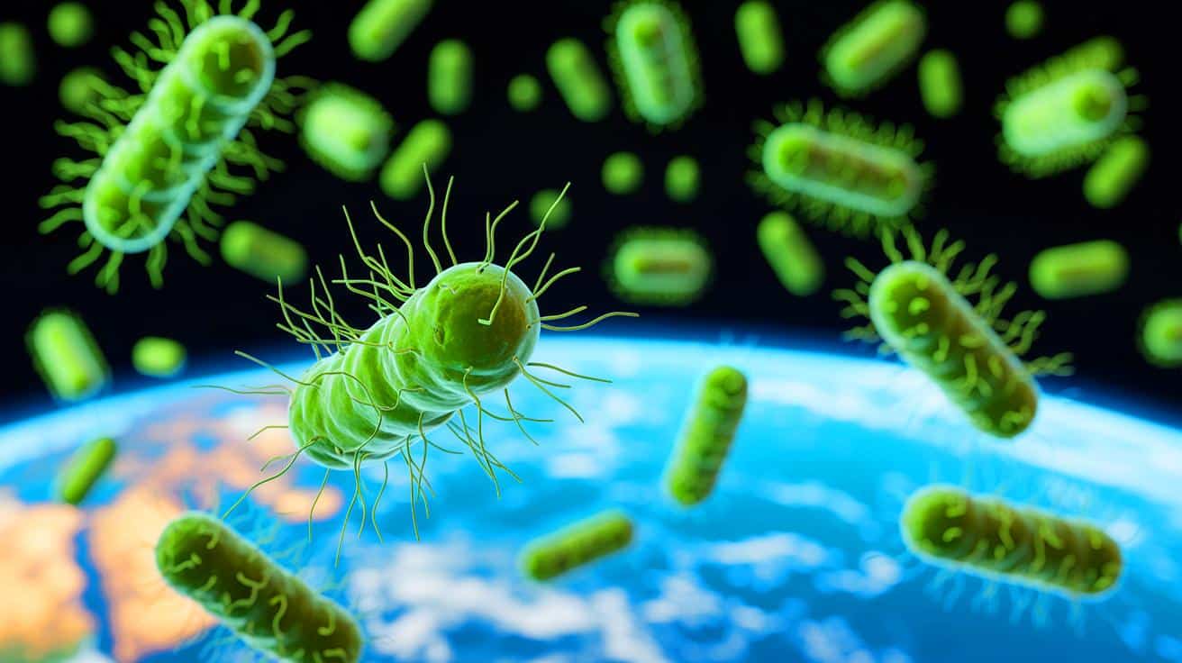 Illustration of bacterial spores enduring the extreme conditions of space travel.