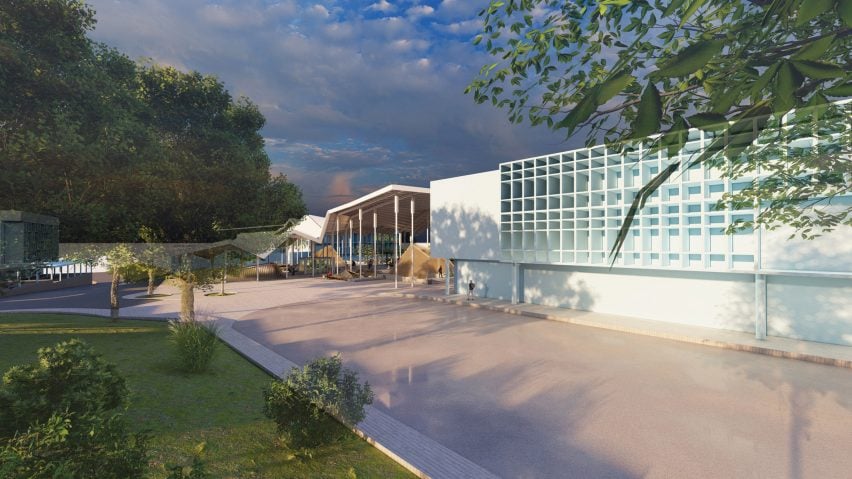 a visualisation of a university campus in tones of white