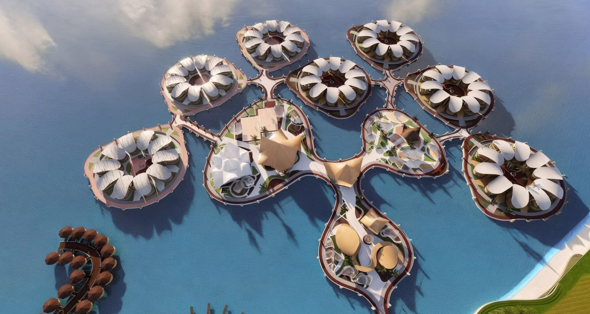 a visualisation of an architectural structure built over water