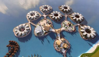 a visualisation of an architectural structure built over water