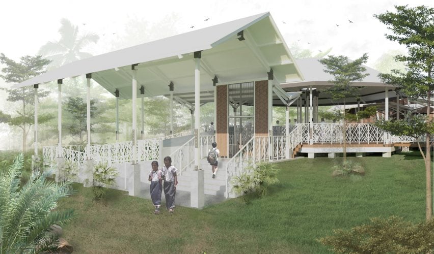 a visualisation of a building in tones of green and white