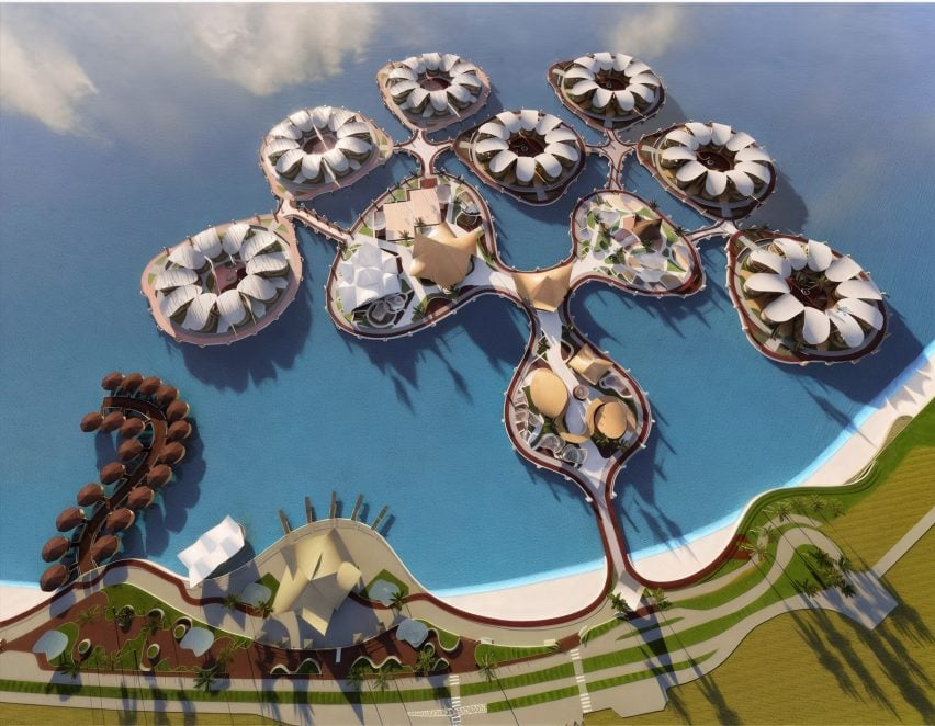 a visualisation of an architectural structure built over water