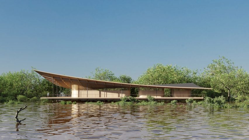 a visualisation of a building on water
