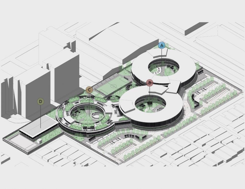 a diagram of buildings in tones of grey, white and green