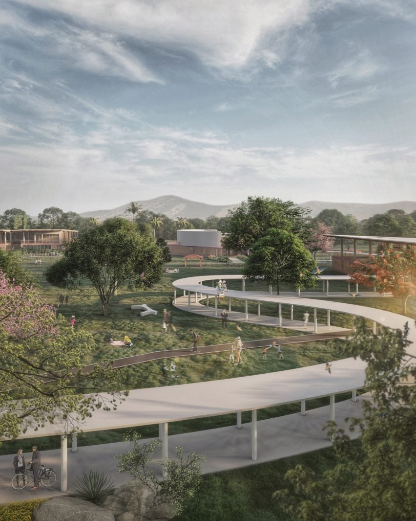 a visualisation of a grey pathway running through a park