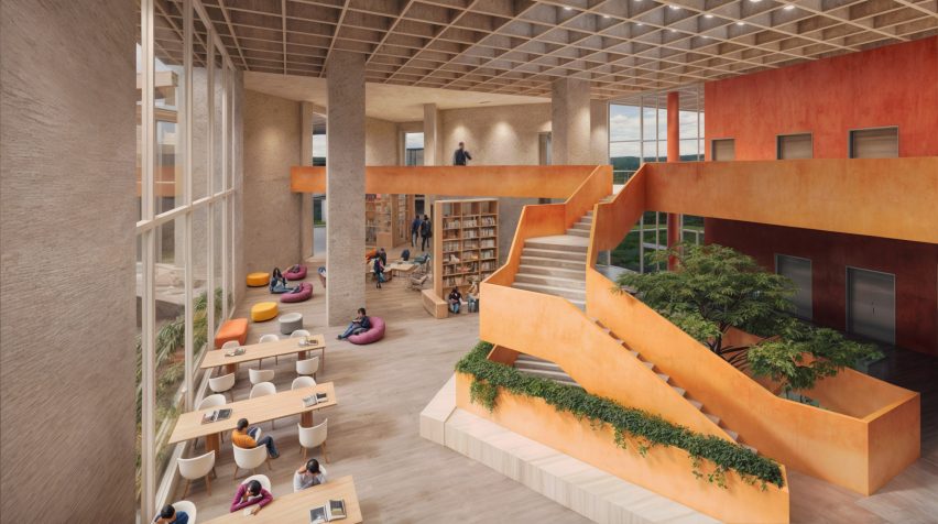 a visualisation of a building interior in tones of beige and orange