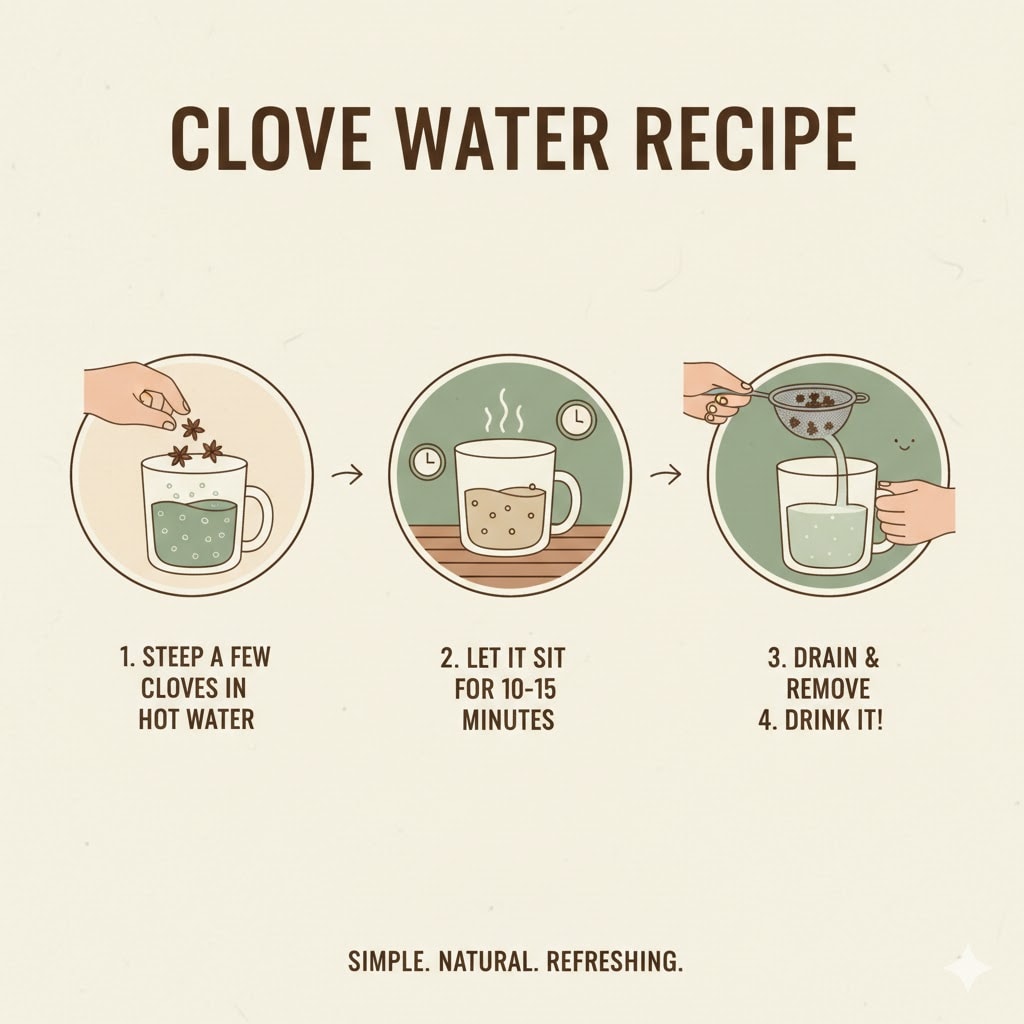 You can follow this recipe to make clove water. (Made with Gemini AI) You can follow this recipe to make clove water. (Made with Gemini AI)