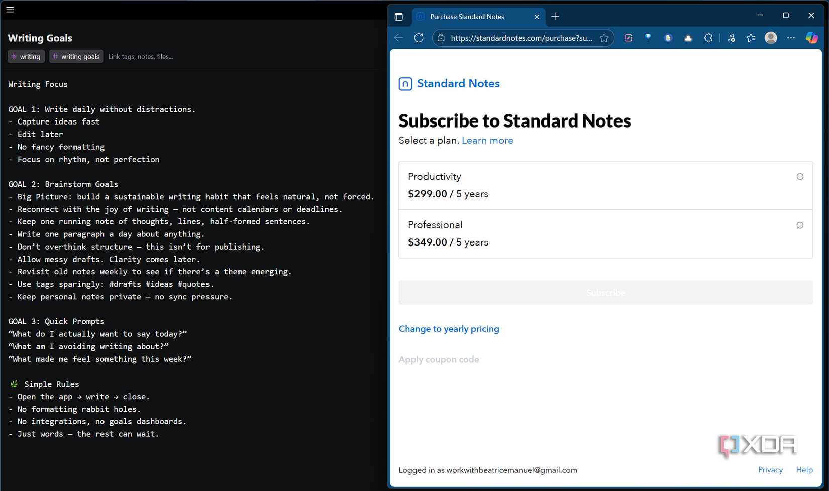 Screenshot of Standard Notes upgrade option from free plan