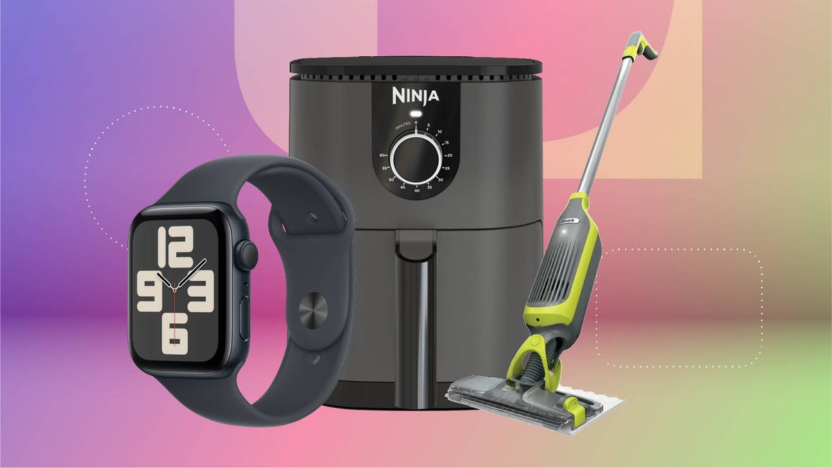 A smartwatch, air fryer and cordless vacuum against a pink gradient CNET background.