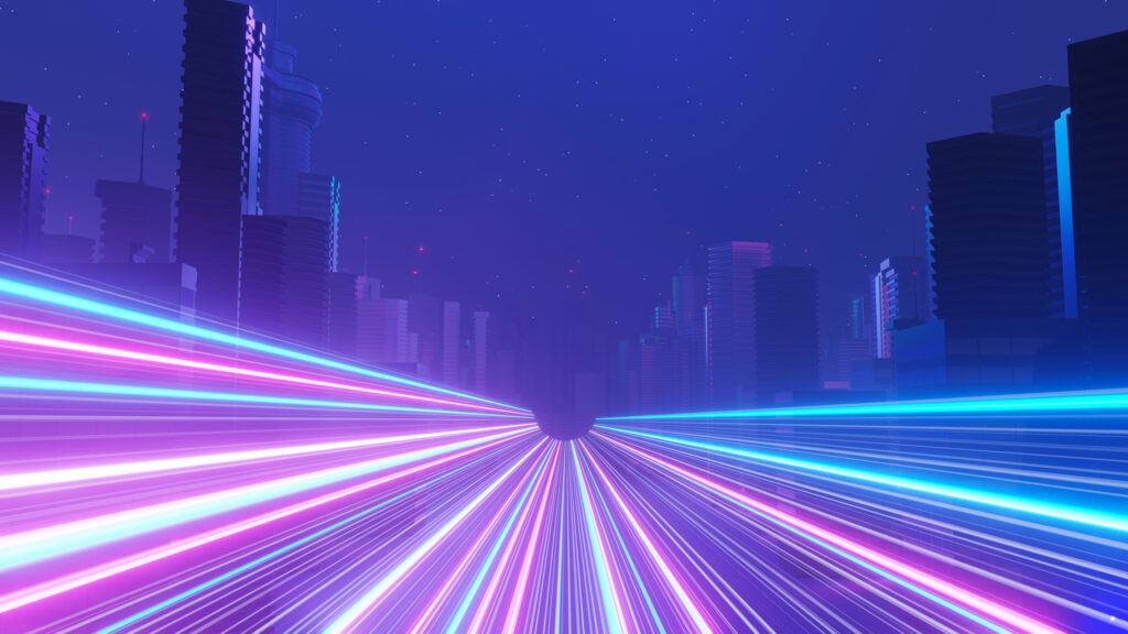 3d render of Cyber night mega city landscape scene. Light glowing and reflection on dark tech scene. Night life. Technology network for 5g. Beyond futuristic of Sci-Fi Capital city and building scene.