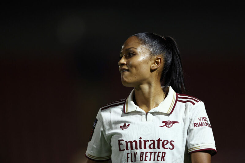 DAGENHAM, ENGLAND - SEPTEMBER 12: Taylor Hinds of Arsenal looks on during the Barclays Women's Super League match between West Ham United and Arsen...